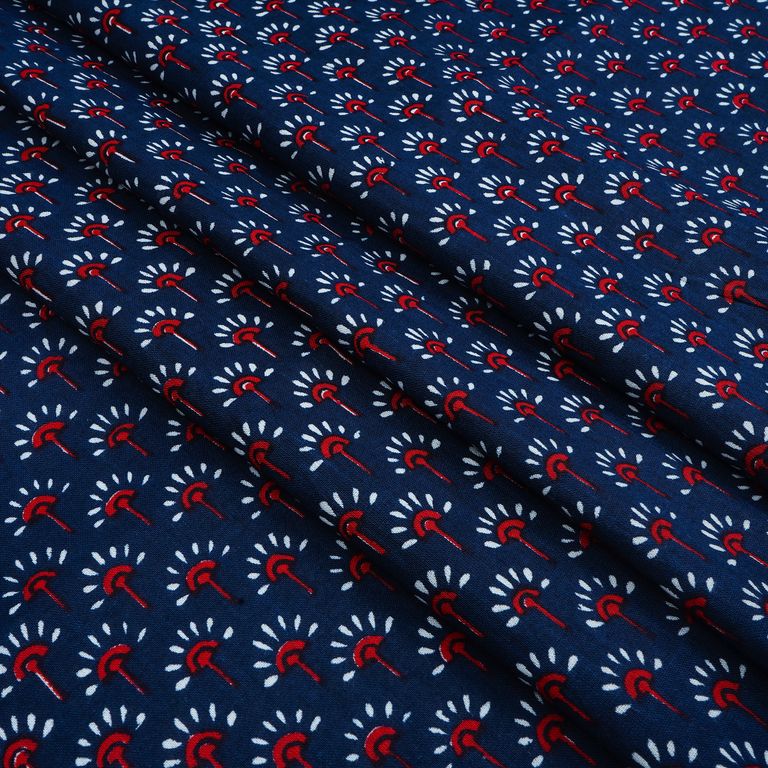 Navy Blue Motifs Printed Pure Cotton Fabric