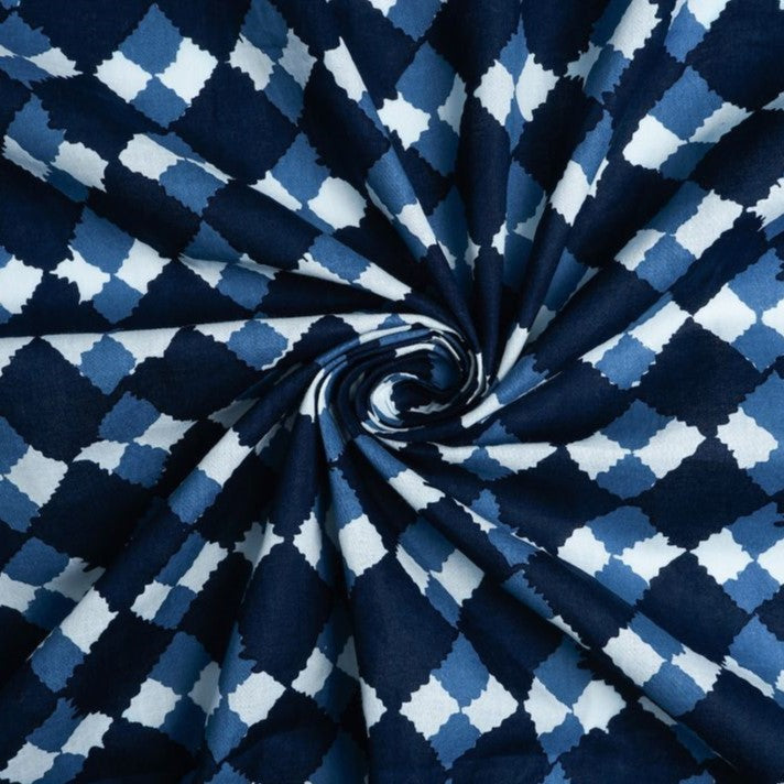 Navy Blue & White Geometric Printed Pure Cotton Fabric