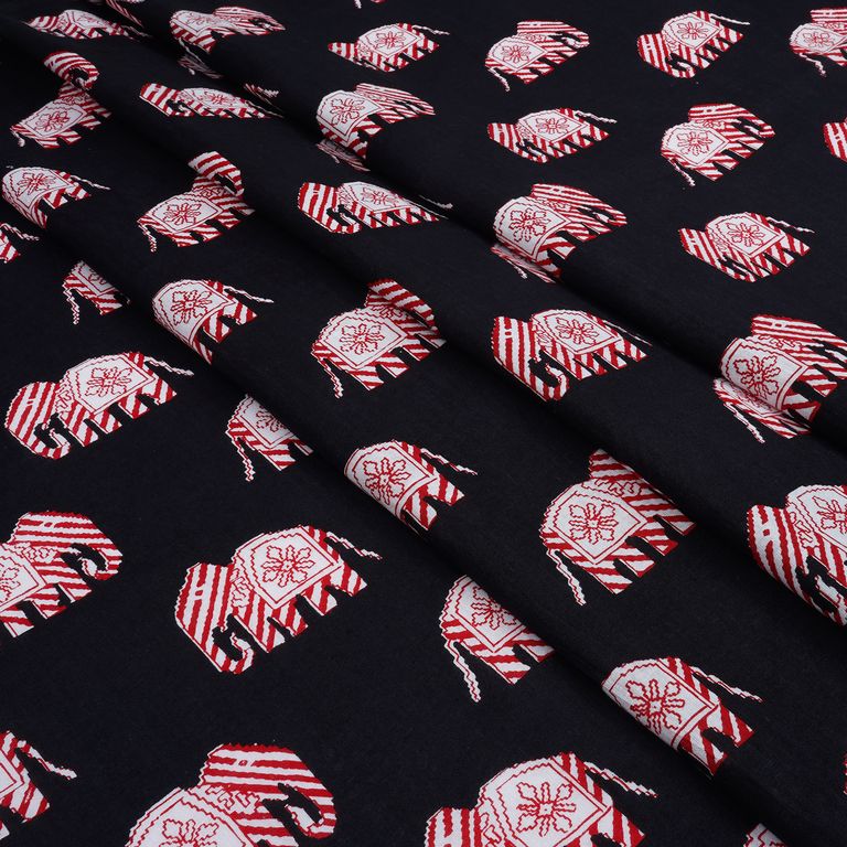 Black & Red Motifs Printed Pure Cotton Fabric