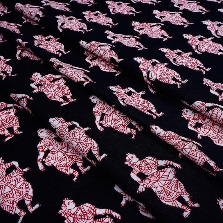 Black & Red Traditional Printed Pure Cotton Fabric