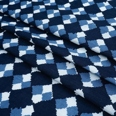 Navy Blue & White Geometric Printed Pure Cotton Fabric