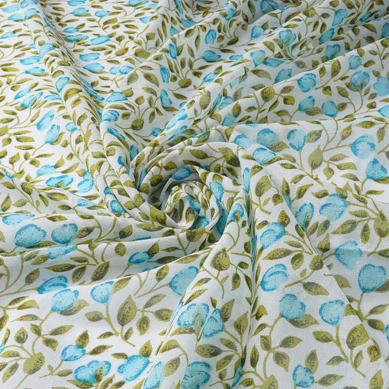 White & Turquoise Floral Printed Pure Viscose Georgette Fabric