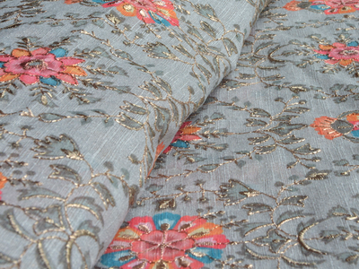 Ivory Gray Traditional Digital Print Heavy Zari Embroidered Mulberry Silk Fabric