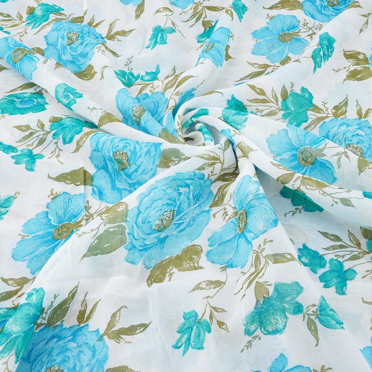 White & Turquoise Floral Printed Pure Viscose Georgette Fabric