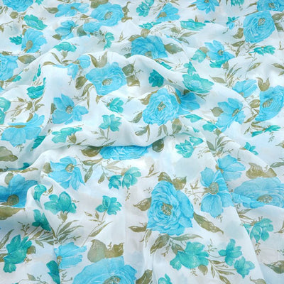 White & Turquoise Floral Printed Pure Viscose Georgette Fabric