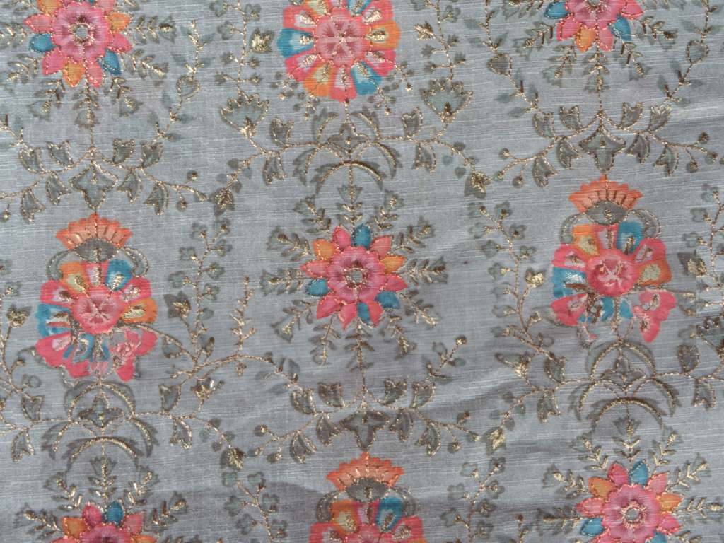 Ivory Gray Traditional Digital Print Heavy Zari Embroidered Mulberry Silk Fabric