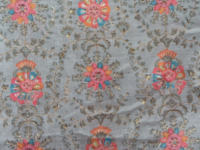 Ivory Gray Traditional Digital Print Heavy Zari Embroidered Mulberry Silk Fabric