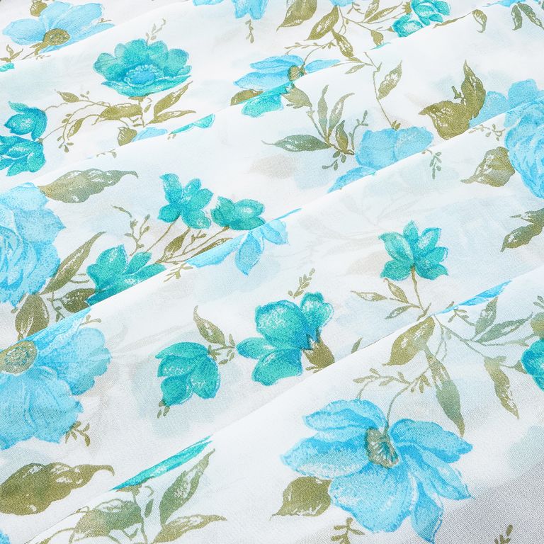 White & Turquoise Floral Printed Pure Viscose Georgette Fabric