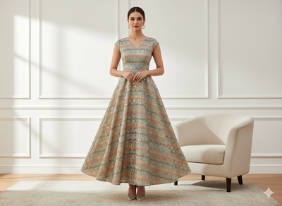 हल्के क्रीम धारियों वाला फ़ॉइल पॉली सिल्क फ़ैब्रिक