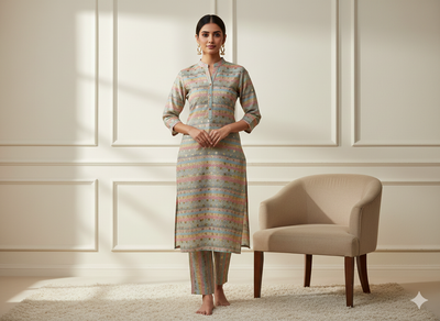 हल्के क्रीम धारियों वाला फ़ॉइल पॉली सिल्क फ़ैब्रिक