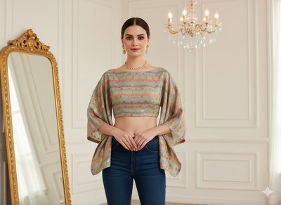 हल्के क्रीम धारियों वाला फ़ॉइल पॉली सिल्क फ़ैब्रिक