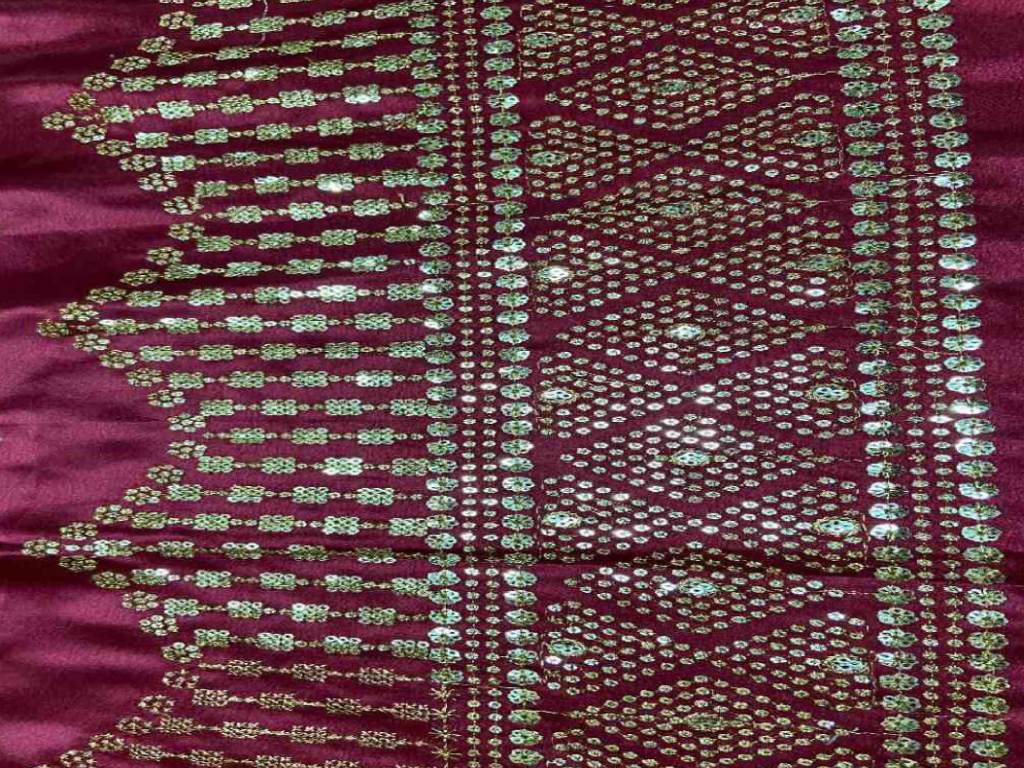Raspberry-Red Daman With Zari & Sequins Work Silk Fabric