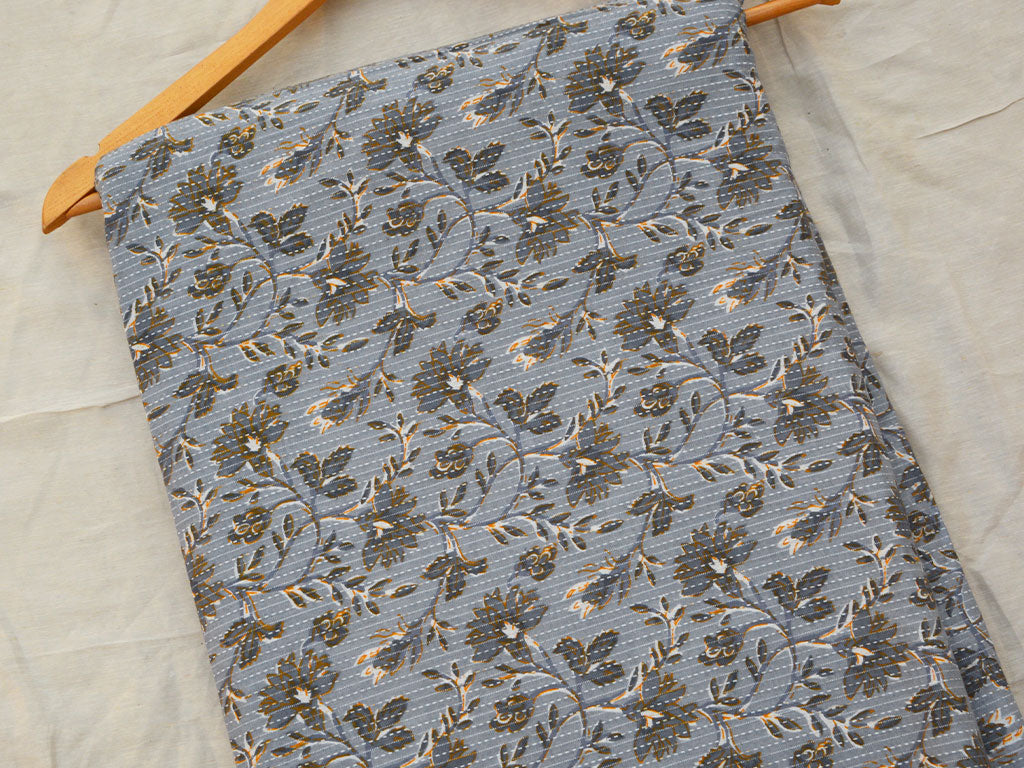 Silver Blue Floral Pure Cotton Kantha Fabric