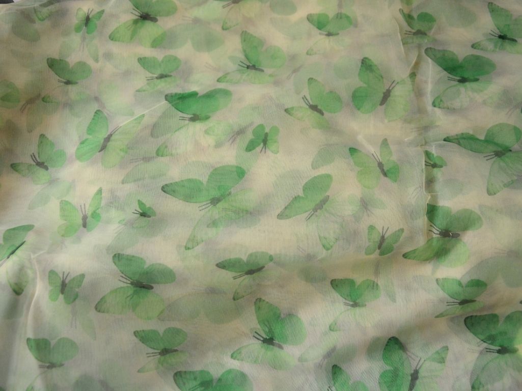 Off White Butterfly Digital Printed Liquid Organza Fabric