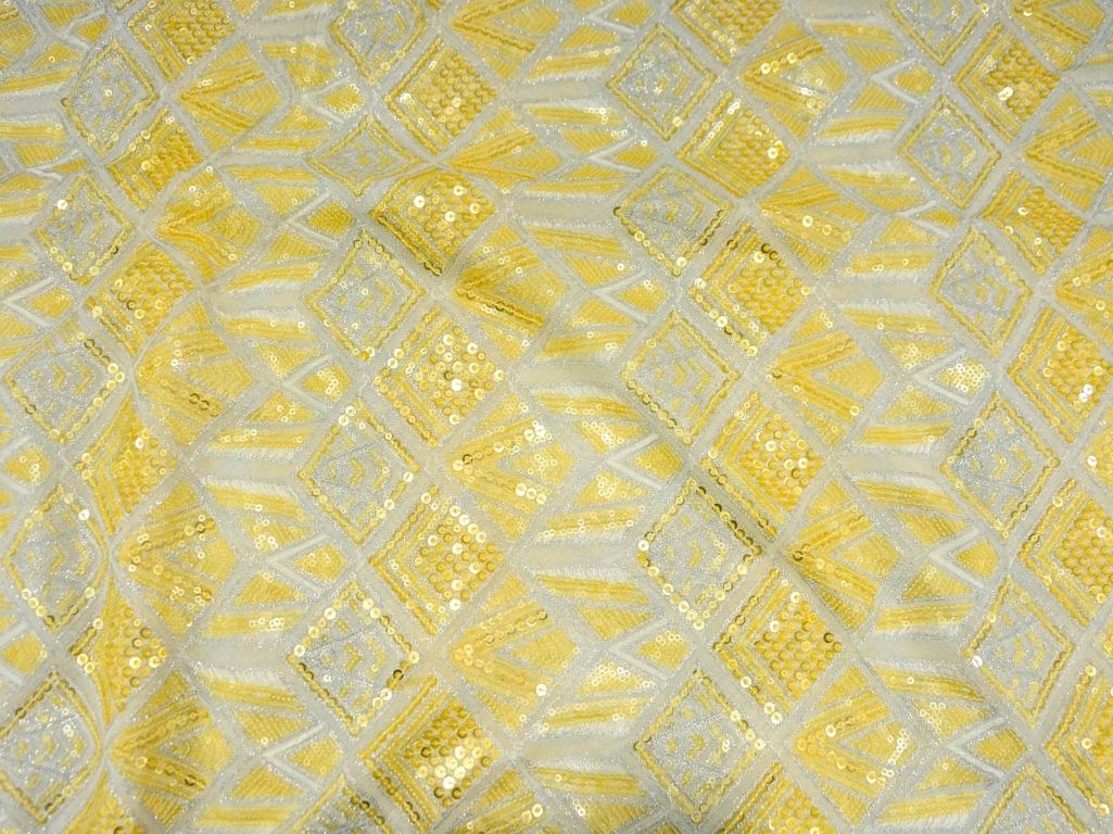 Off White Pure Viscose Georgette With Sequins Embroidered Fabric