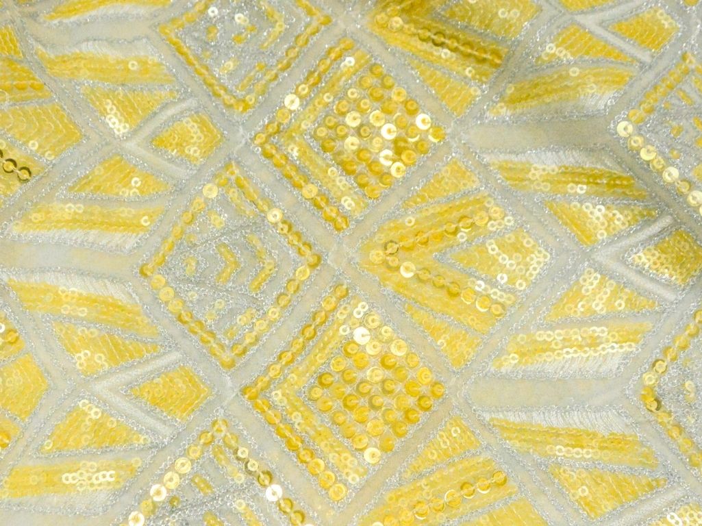 Off White Pure Viscose Georgette With Sequins Embroidered Fabric