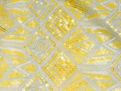Off White Pure Viscose Georgette With Sequins Embroidered Fabric