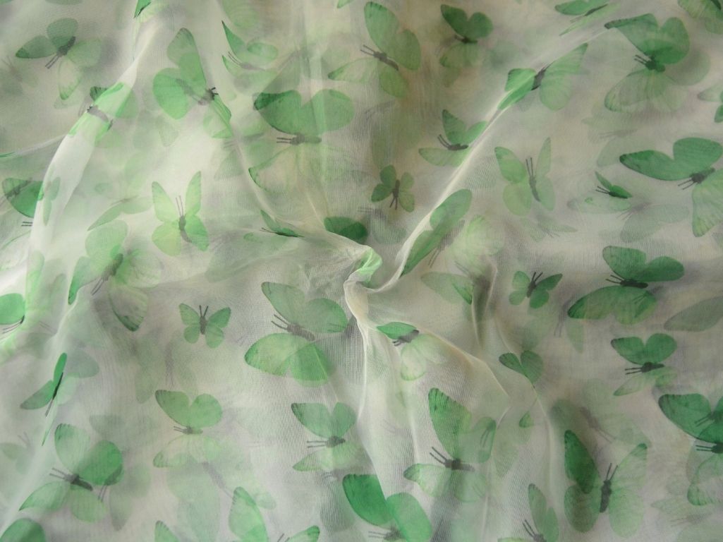 Off White Butterfly Digital Printed Liquid Organza Fabric