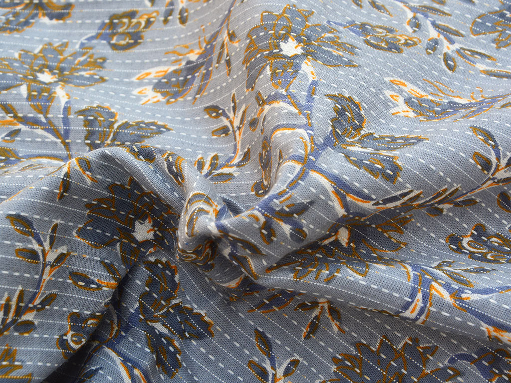 Silver Blue Floral Pure Cotton Kantha Fabric