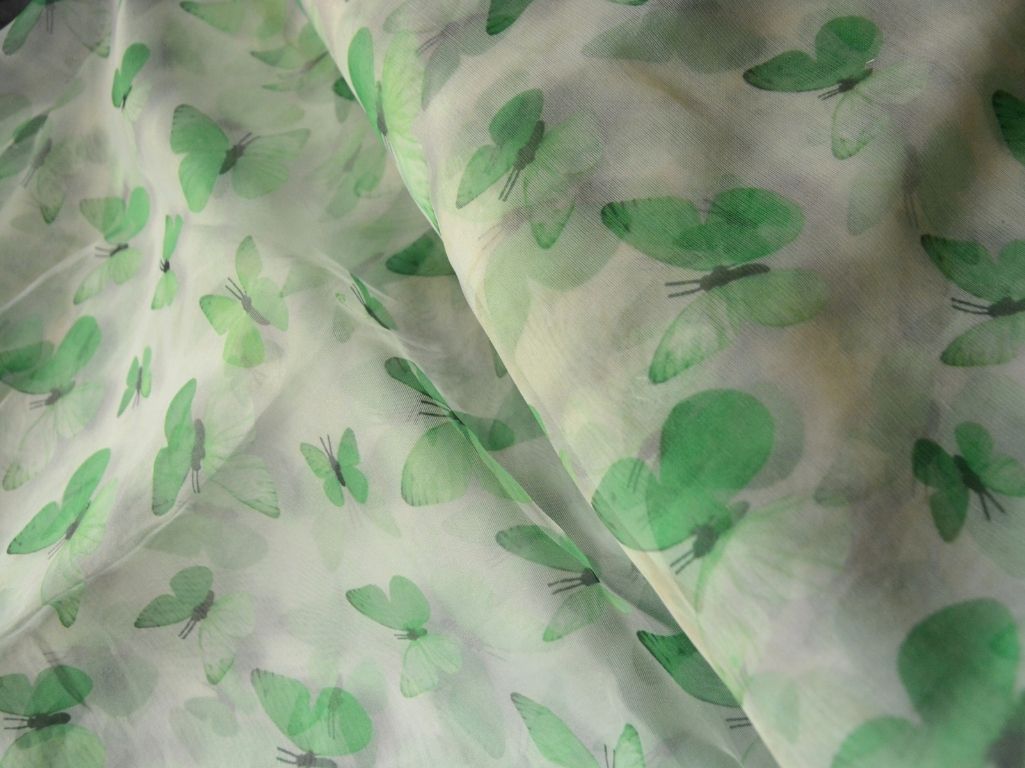 Off White Butterfly Digital Printed Liquid Organza Fabric