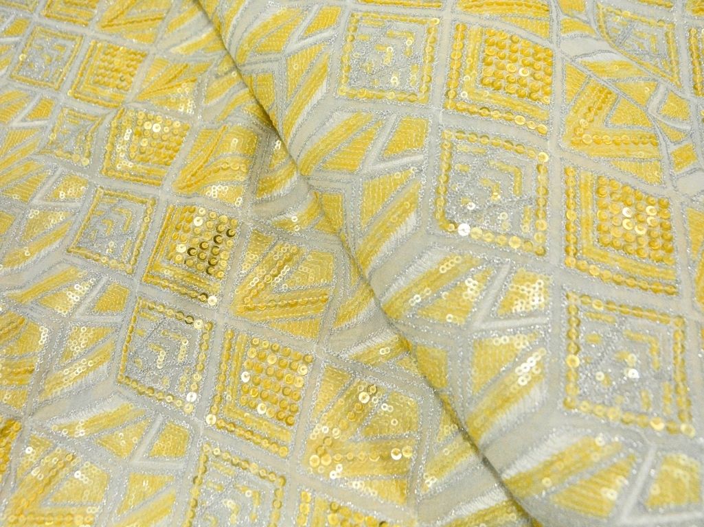 Off White Pure Viscose Georgette With Sequins Embroidered Fabric
