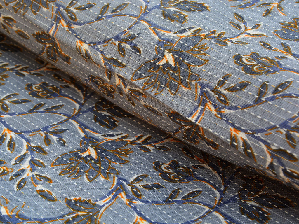 Silver Blue Floral Pure Cotton Kantha Fabric