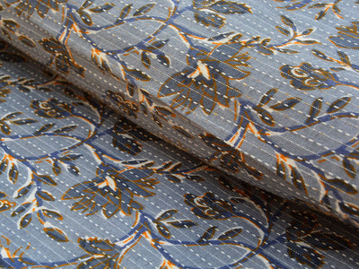 Silver Blue Floral Pure Cotton Kantha Fabric