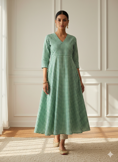 फ़िरोज़ी हरे चेक यार्न रंगे शुद्ध सूती कपड़ा