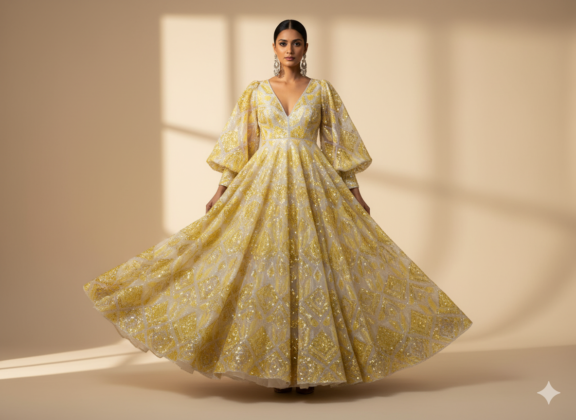 Off White Pure Viscose Georgette With Sequins Embroidered Fabric