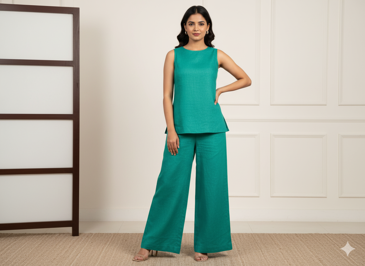 टील ग्रीन शुद्ध लिनन 60 ली फैब्रिक