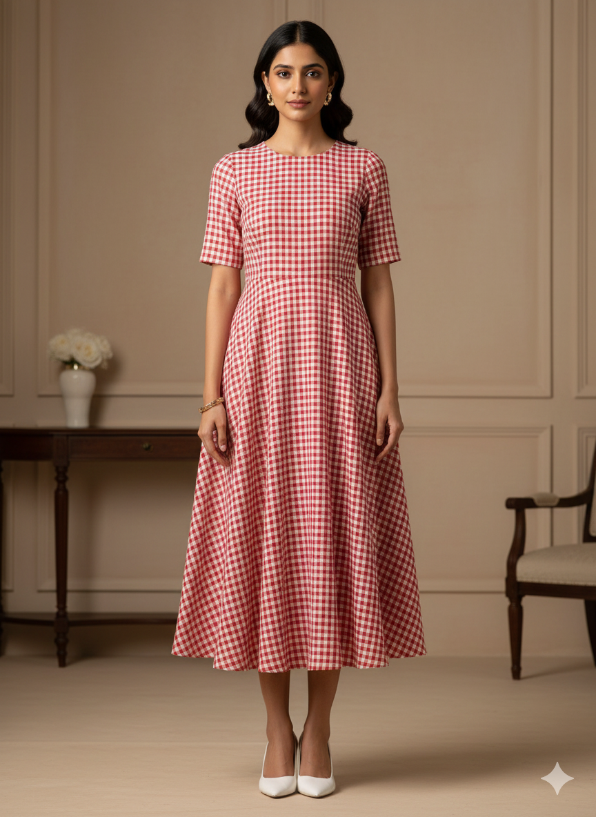 लाल चेक यार्न रंगे शुद्ध सूती कपड़ा