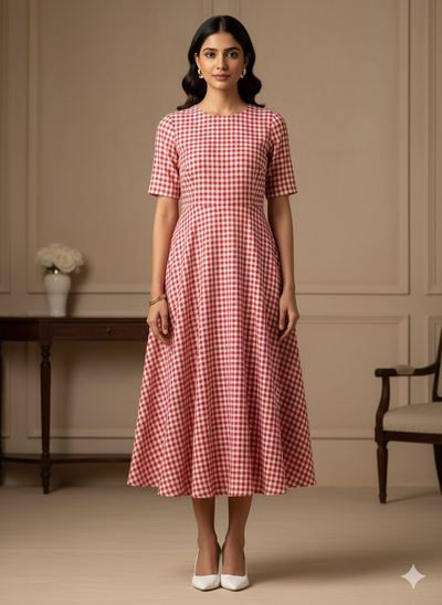 लाल चेक यार्न रंगे शुद्ध सूती कपड़ा