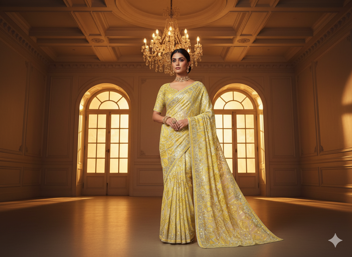 Off White Pure Viscose Georgette With Sequins Embroidered Fabric