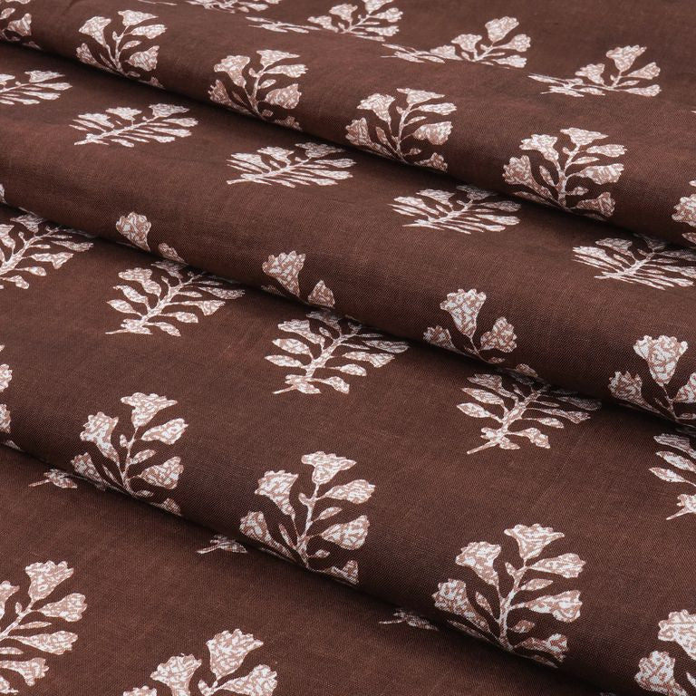 Brown & White Floral Printed Pure Cotton Fabric