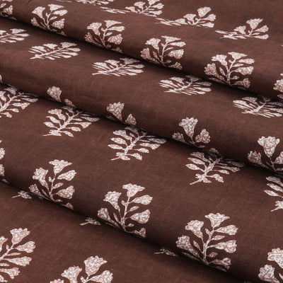 Brown & White Floral Printed Pure Cotton Fabric