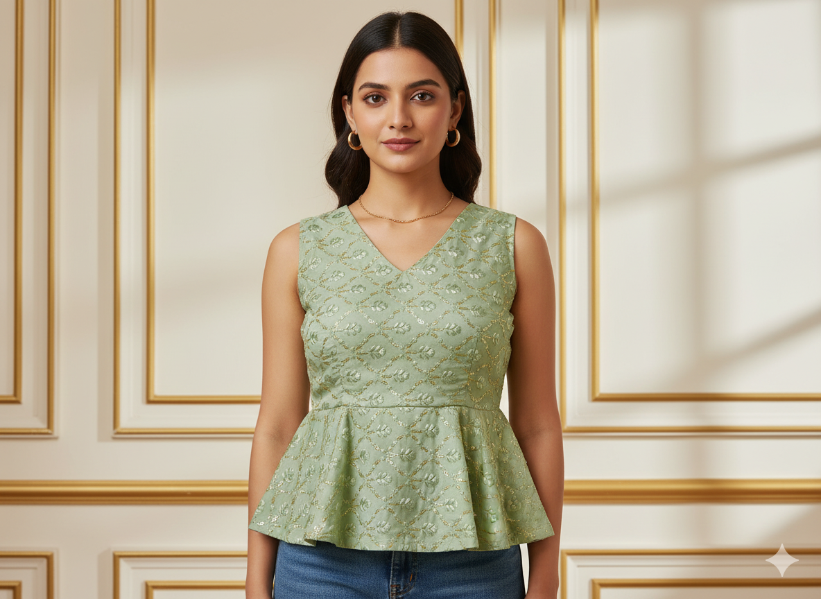 पिस्ता ग्रीन मेटैलिक सेक्विन कढ़ाई मलाई साटन फैब्रिक