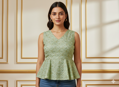 पिस्ता ग्रीन मेटैलिक सेक्विन कढ़ाई मलाई साटन फैब्रिक