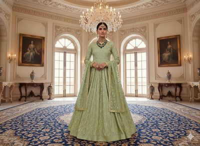 पिस्ता ग्रीन मेटैलिक सेक्विन कढ़ाई मलाई साटन फैब्रिक