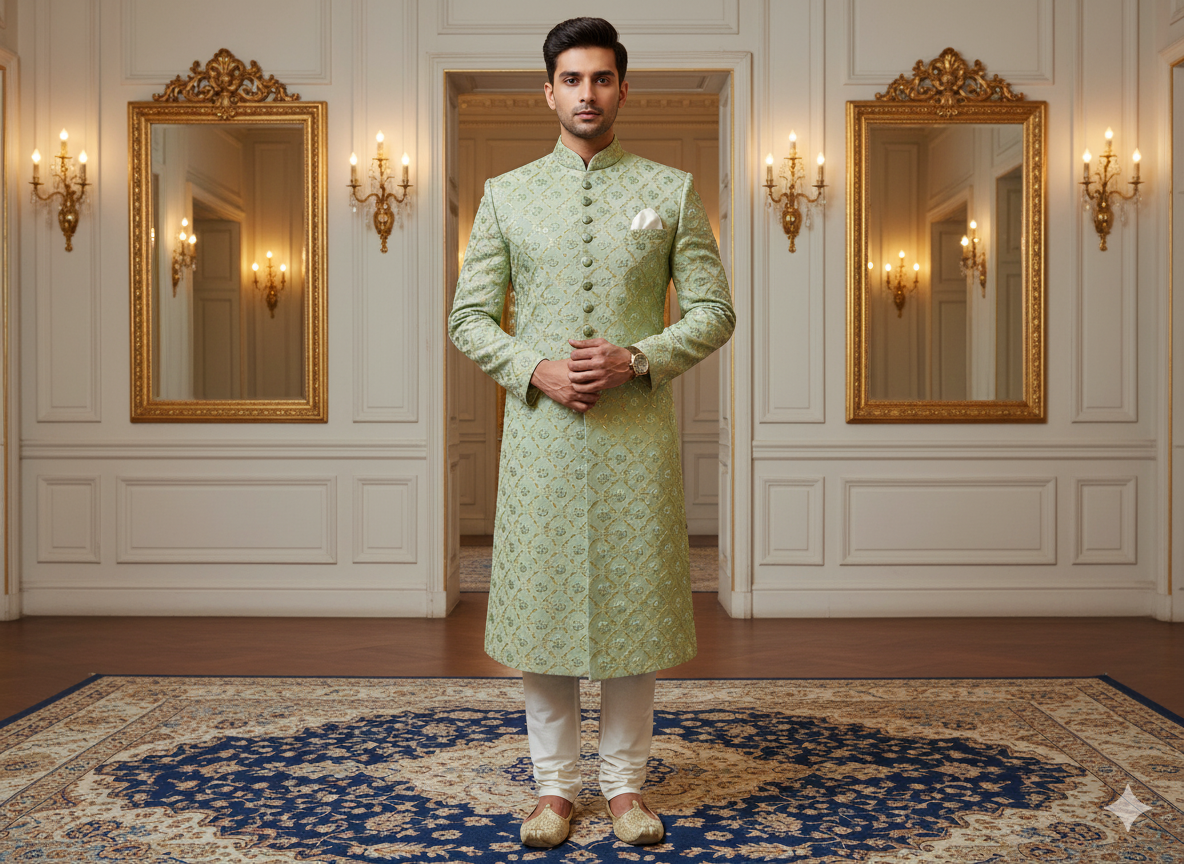 पिस्ता ग्रीन मेटैलिक सेक्विन कढ़ाई मलाई साटन फैब्रिक