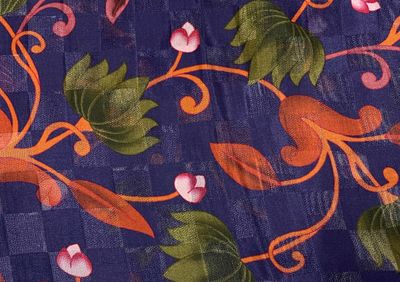 Precuts of Dark Purple Floral Printed Pure Checknet Silk Fabric