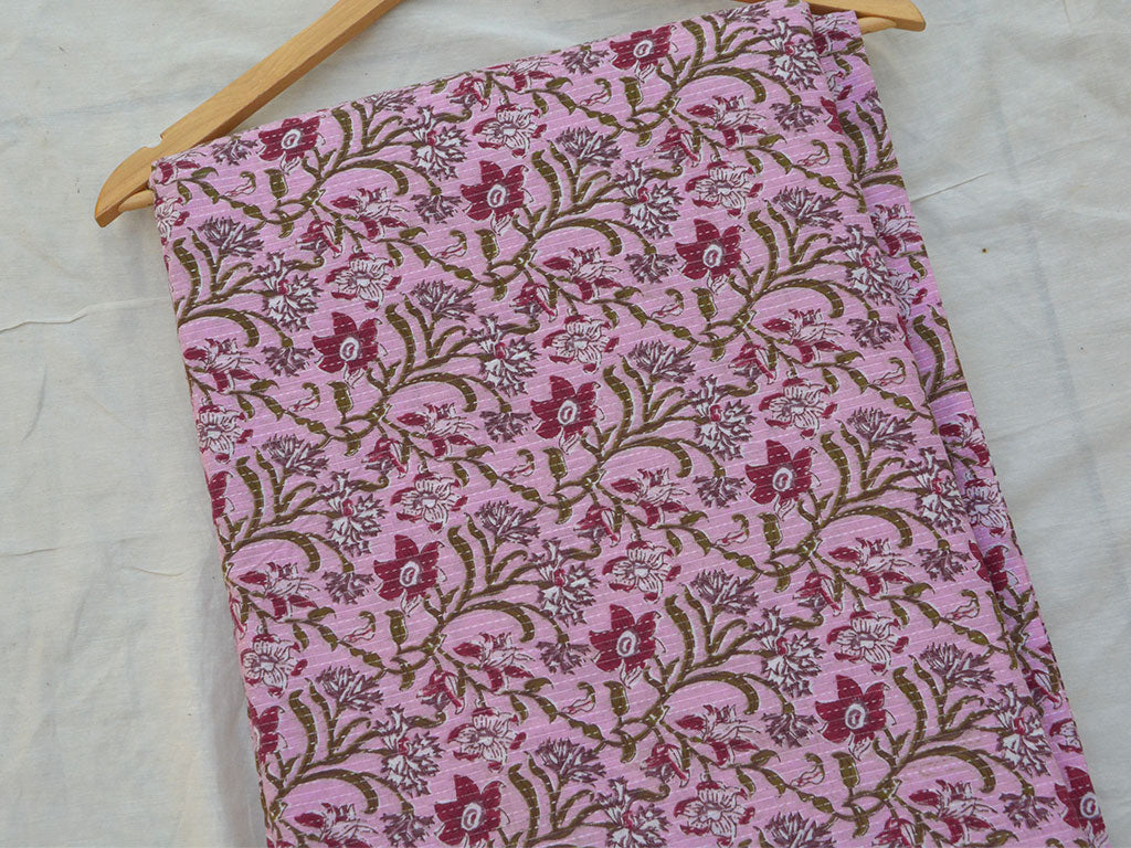 Silver Pink Floral Pure Cotton Kantha Fabric