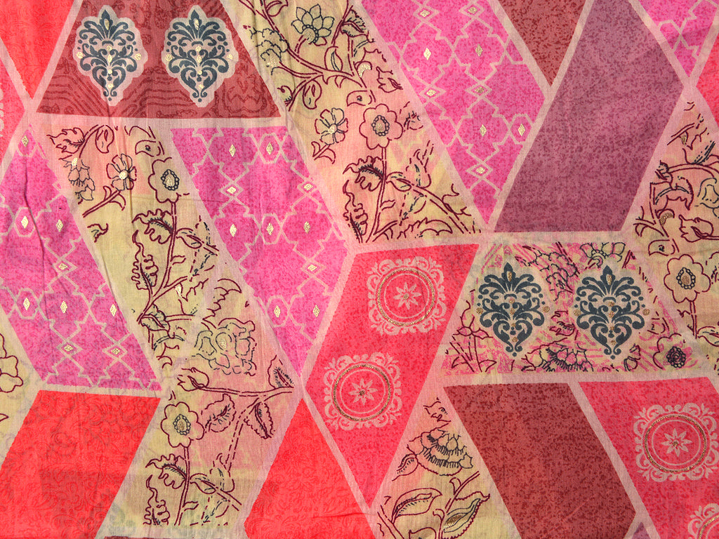 Precut of 1 Meter Pink Multicolor Lines Floral Pure Mul Mul Cotton Fabric