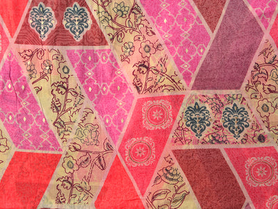 Precut of 1 Meter Pink Multicolor Lines Floral Pure Mul Mul Cotton Fabric