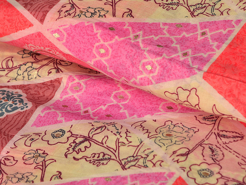 Precut of 1 Meter Pink Multicolor Lines Floral Pure Mul Mul Cotton Fabric