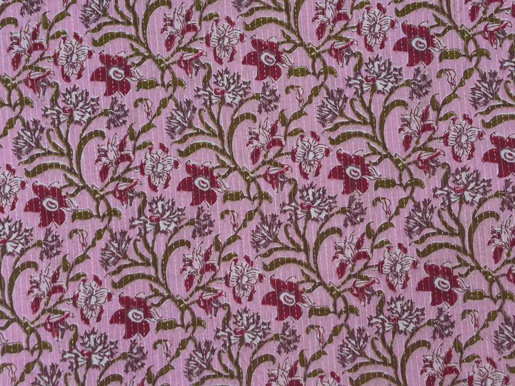 Silver Pink Floral Pure Cotton Kantha Fabric