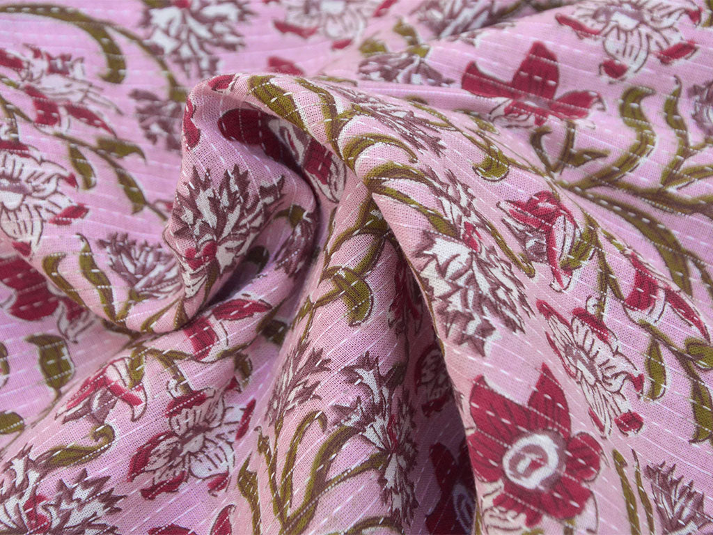 Silver Pink Floral Pure Cotton Kantha Fabric