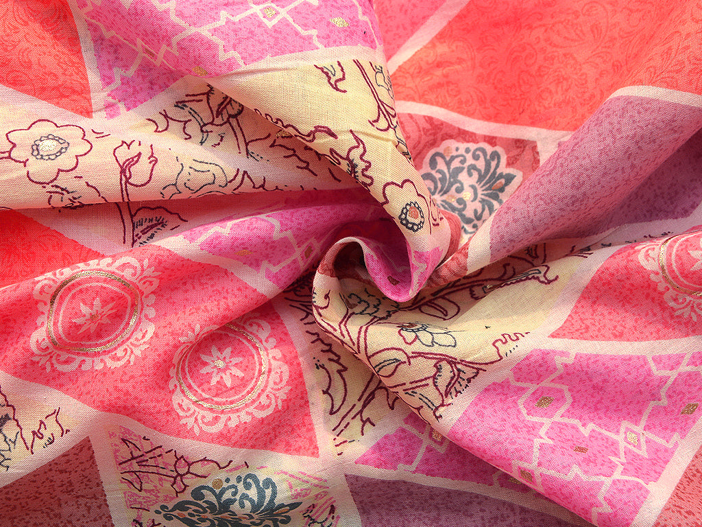 Precut of 1 Meter Pink Multicolor Lines Floral Pure Mul Mul Cotton Fabric