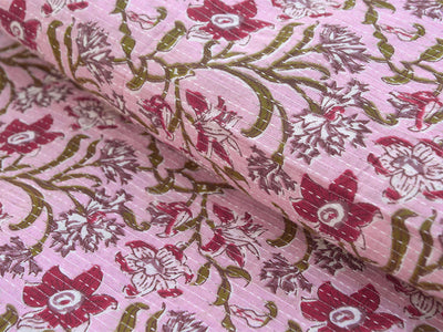 Silver Pink Floral Pure Cotton Kantha Fabric