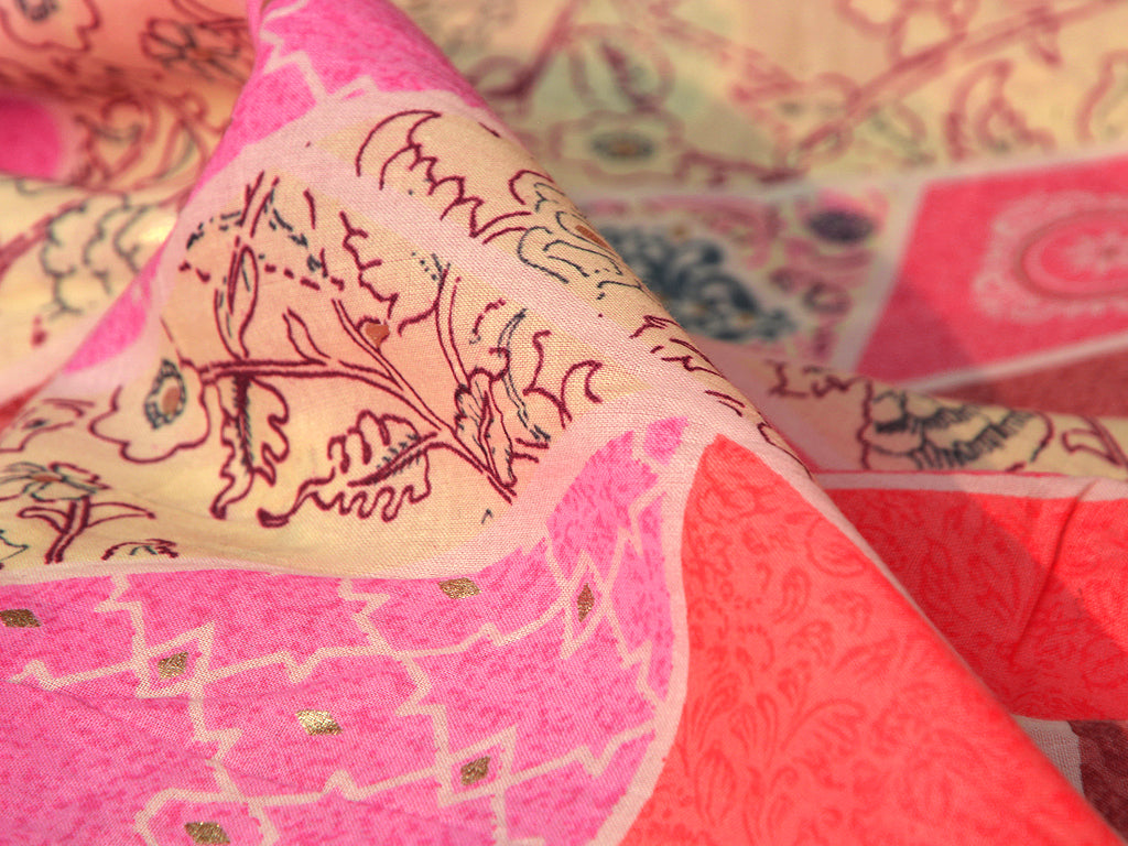 Precut of 1 Meter Pink Multicolor Lines Floral Pure Mul Mul Cotton Fabric