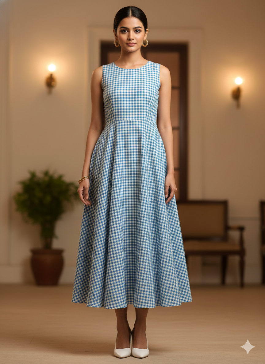 आसमानी नीले चेक यार्न से रंगा हुआ शुद्ध सूती कपड़ा